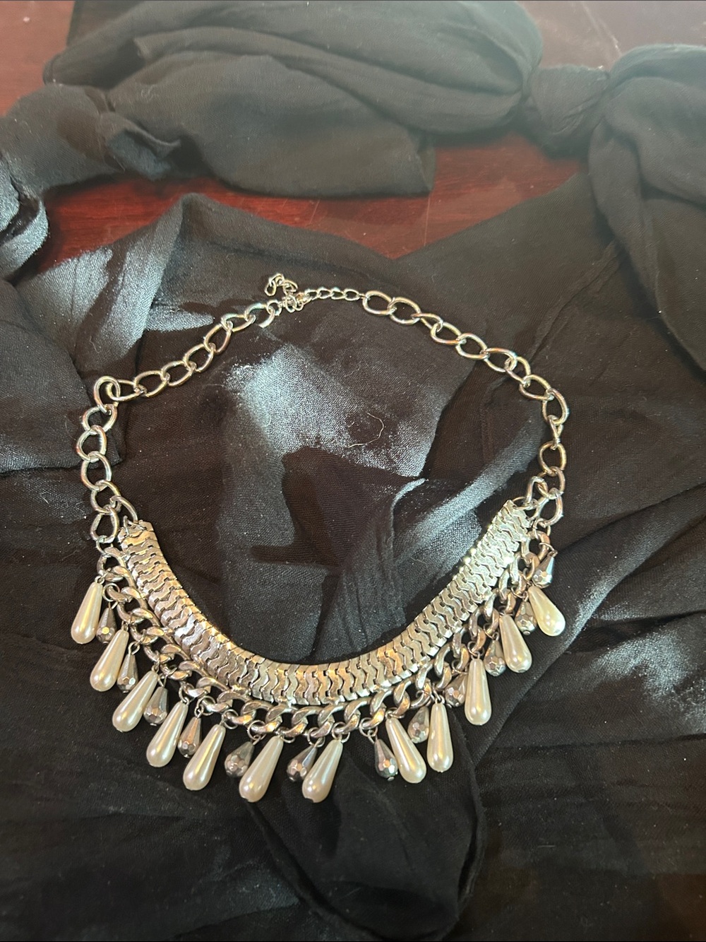 Charming Charlie Silver Pearl-Accent Teardrop Bib Necklace